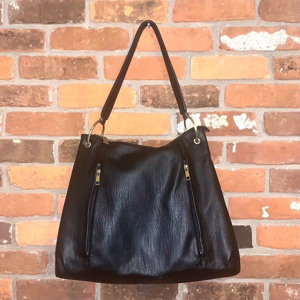 Anthropologie Black Leather Shoulder Bag 2 Front Zipper Pockets